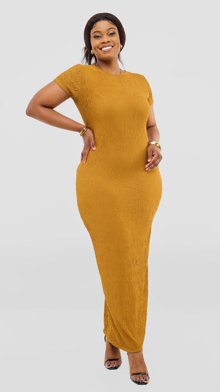 Vivo Kaisa Short Sleeve Maxi Bodycon In Polyester Stretch - Mustard