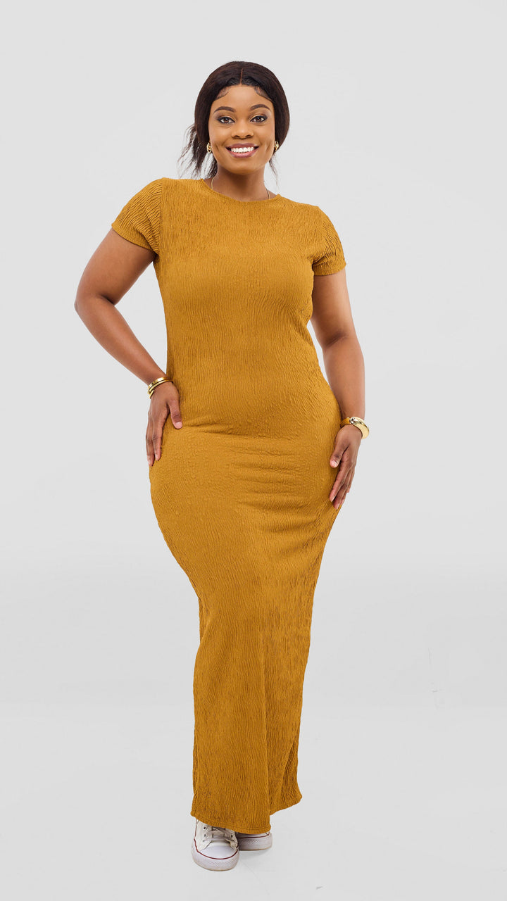 Vivo Kaisa Short Sleeve Maxi Bodycon In Polyester Stretch - Mustard