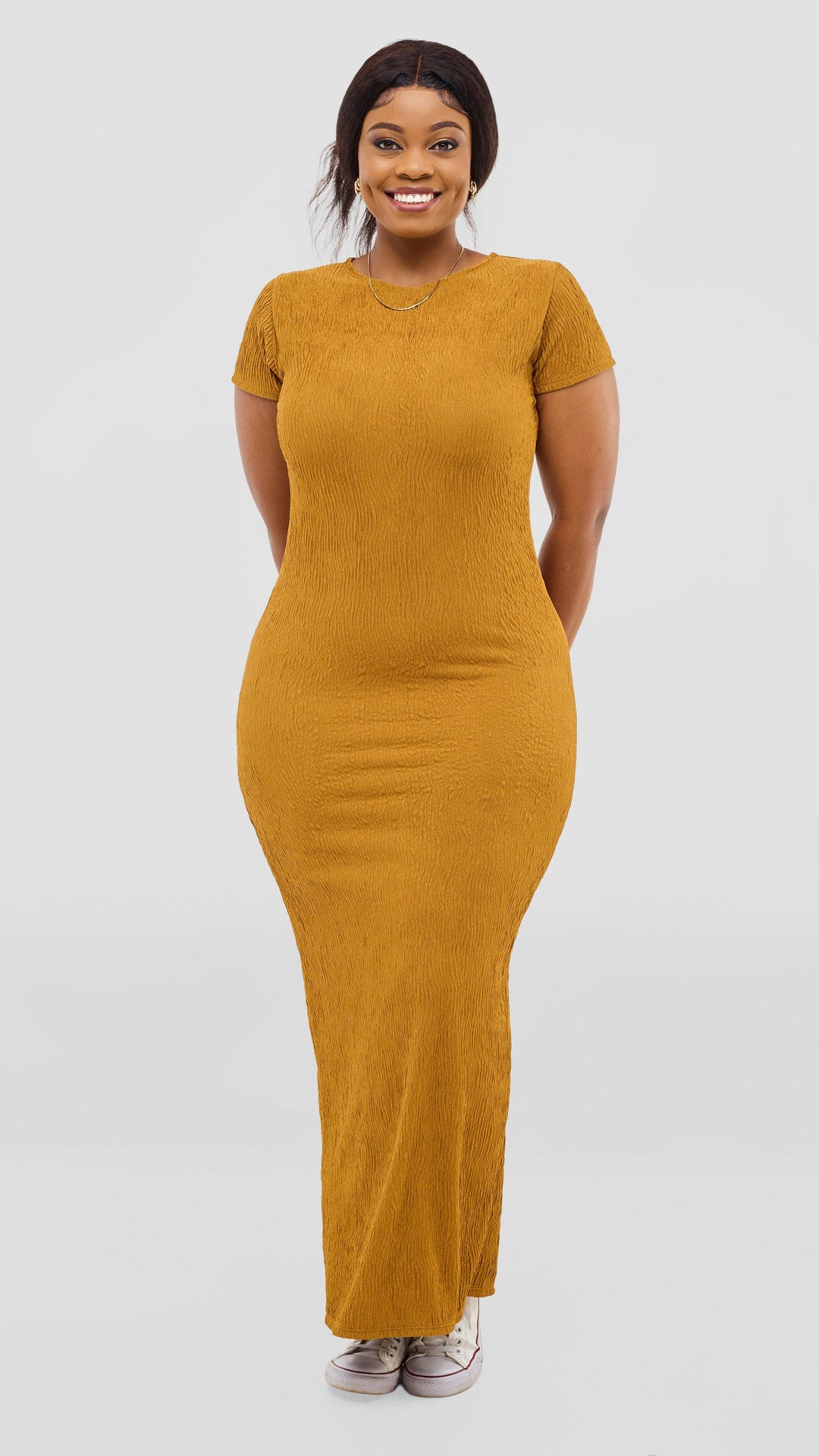 Vivo Kaisa Short Sleeve Maxi Bodycon In Polyester Stretch - Mustard