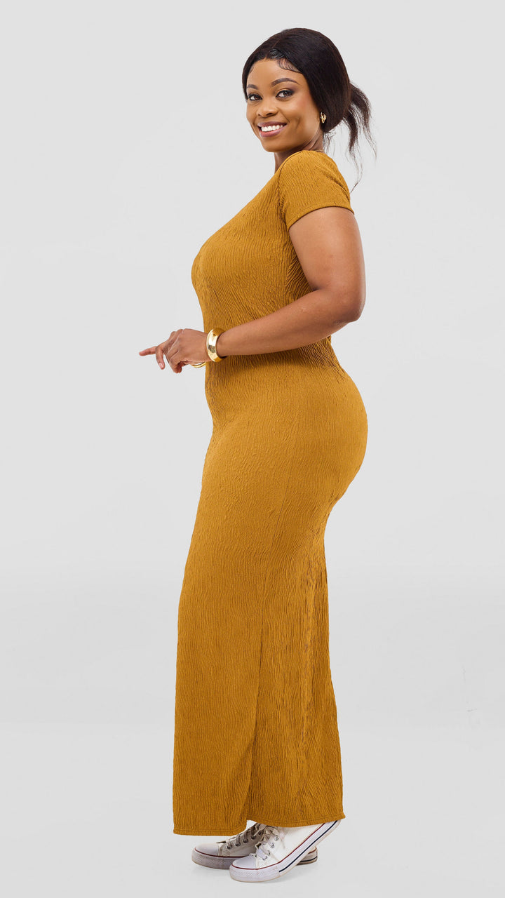 Vivo Kaisa Short Sleeve Maxi Bodycon In Polyester Stretch - Mustard