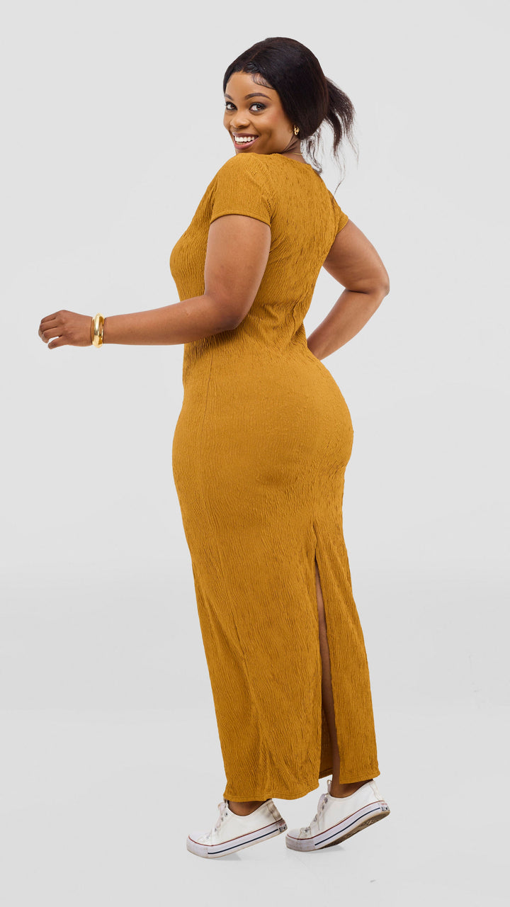 Vivo Kaisa Short Sleeve Maxi Bodycon In Polyester Stretch - Mustard