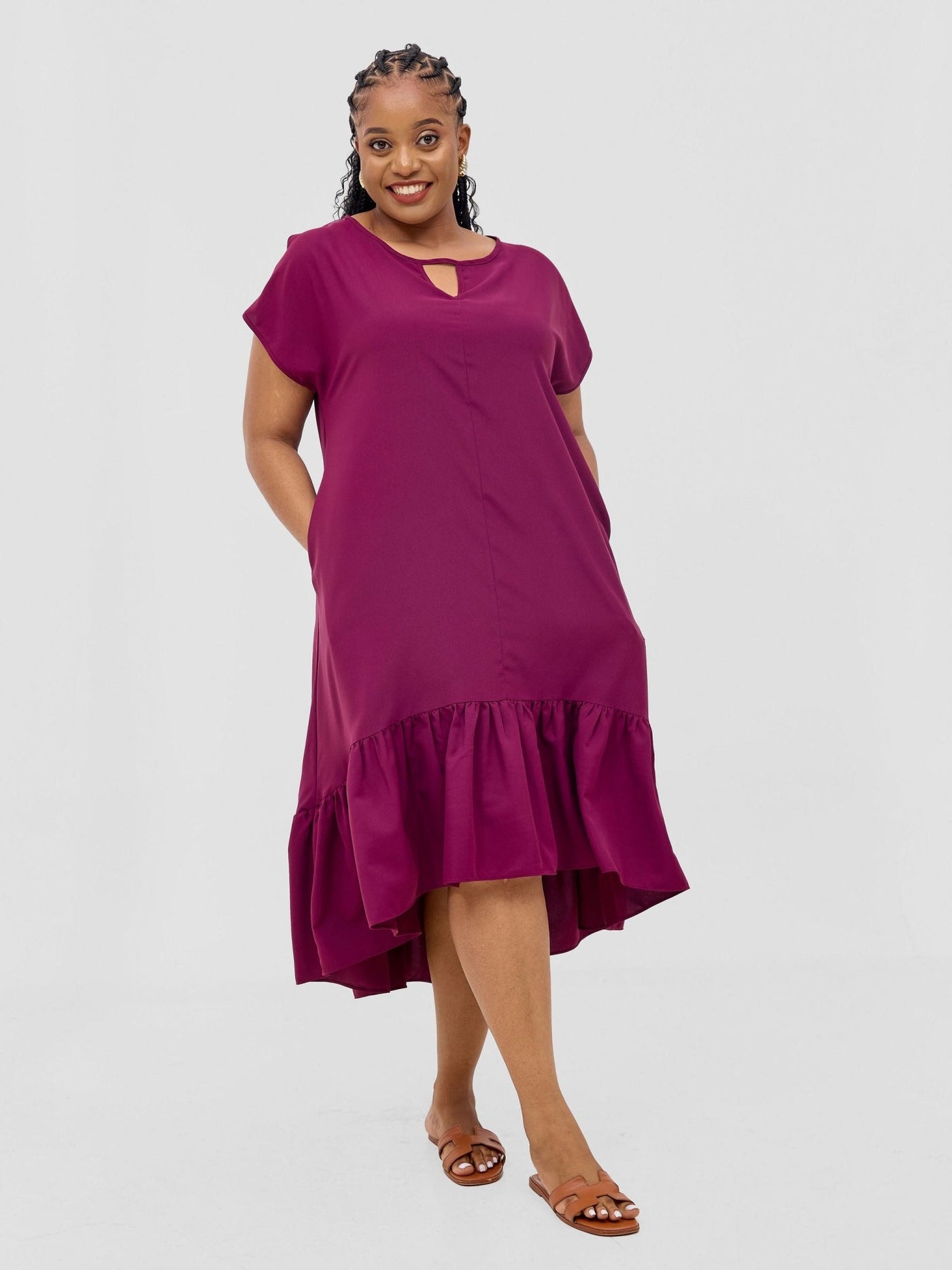 Vivo Esna Drop Shoulder High Low Dress - Burgundy - Shopzetu