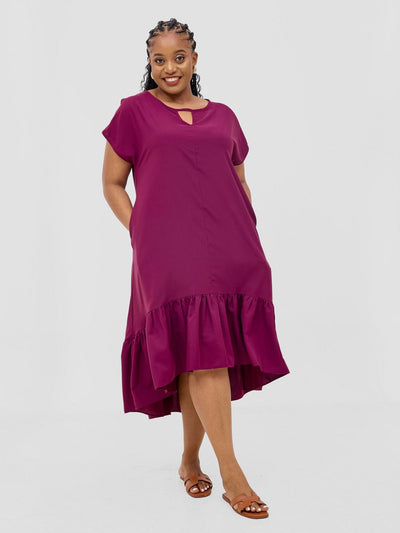 Vivo Esna Drop Shoulder High Low Dress - Burgundy - Shopzetu