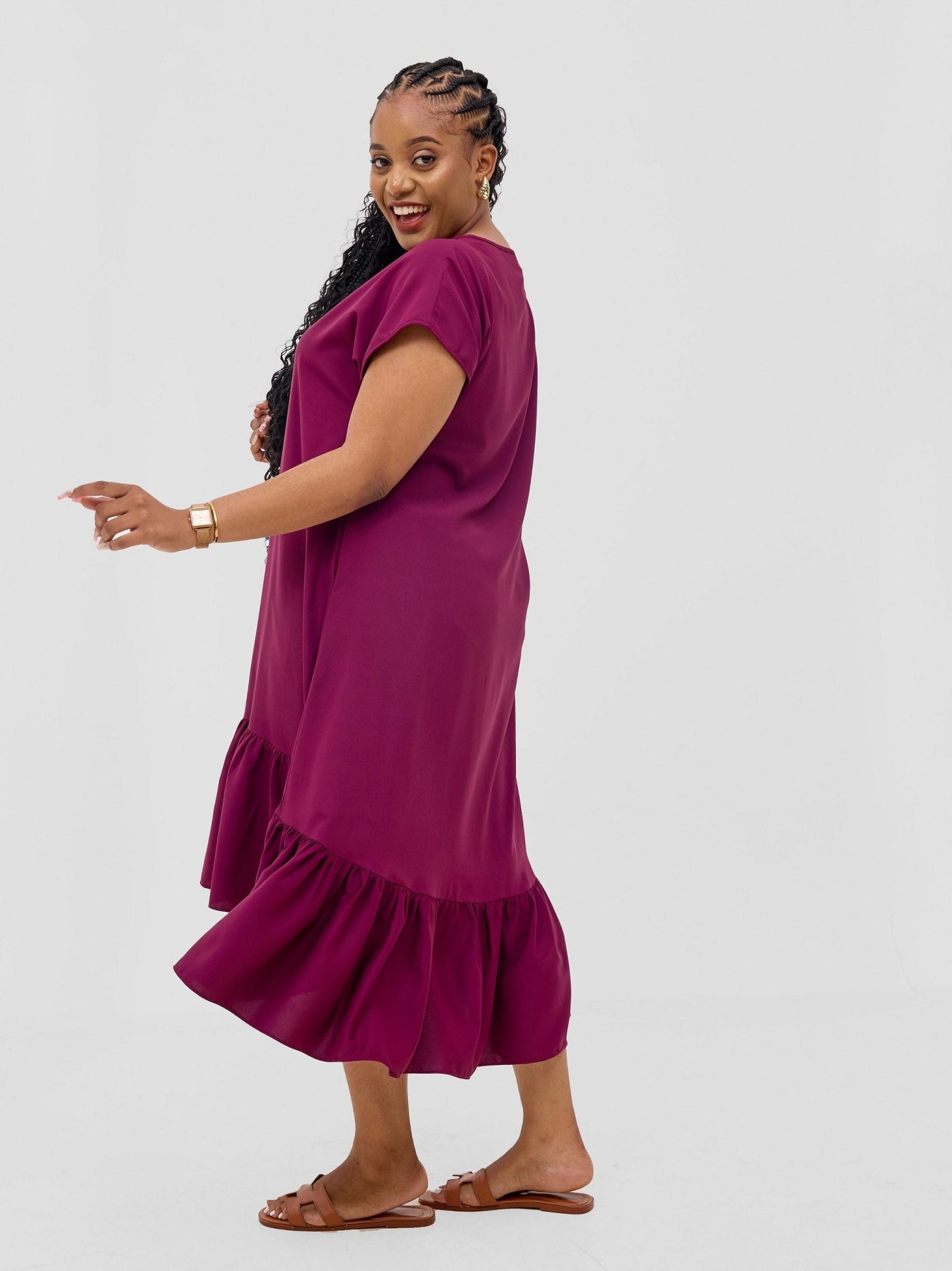 Vivo Esna Drop Shoulder High Low Dress - Burgundy - Shopzetu