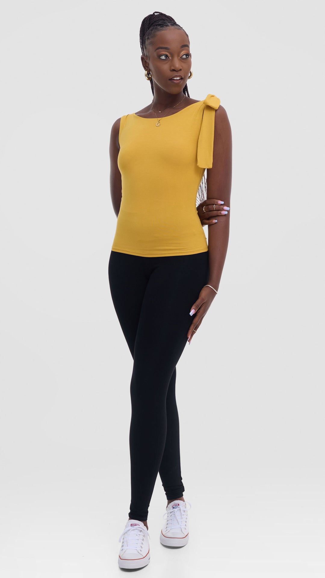 Vivo Studio Shoulder Tie Top in Jersey - Mustard