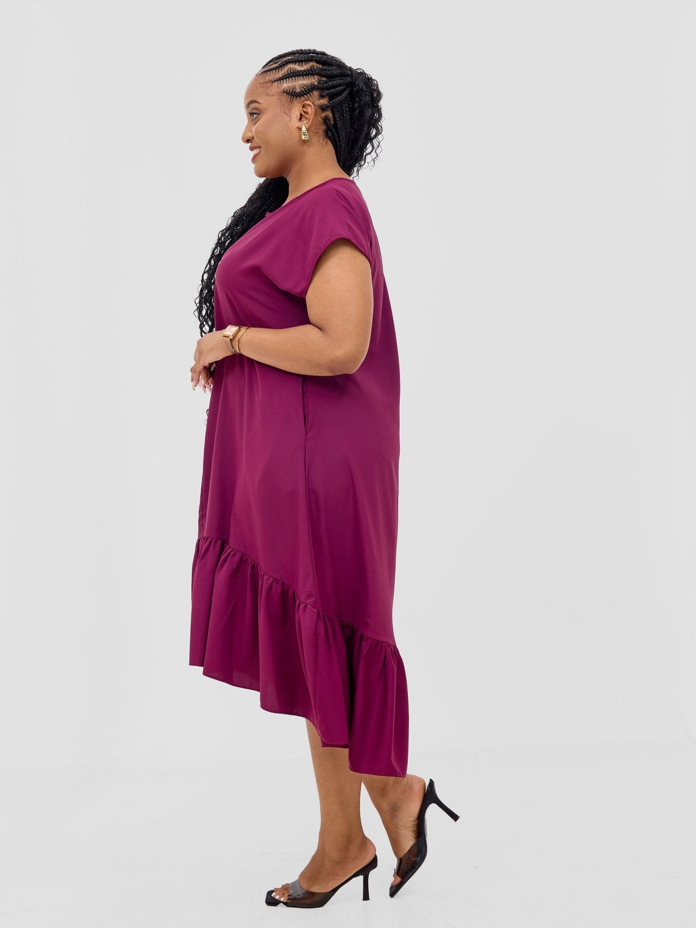 Vivo Esna Drop Shoulder High Low Dress - Burgundy - Shopzetu