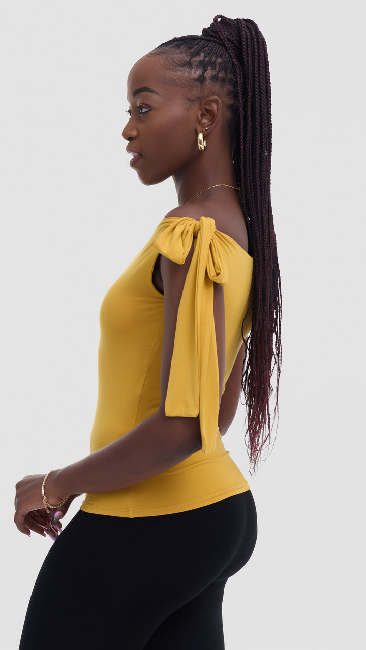 Vivo Studio Shoulder Tie Top in Jersey - Mustard