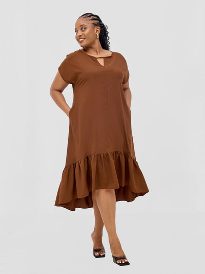 Vivo Esna Drop Shoulder High Low Dress - Brown - Shopzetu