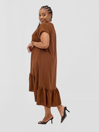 Vivo Esna Drop Shoulder High Low Dress - Brown - Shopzetu