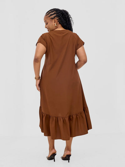 Vivo Esna Drop Shoulder High Low Dress - Brown - Shopzetu