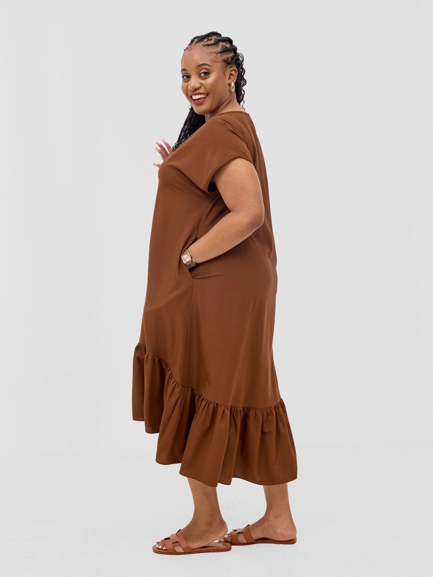 Vivo Esna Drop Shoulder High Low Dress - Brown - Shopzetu