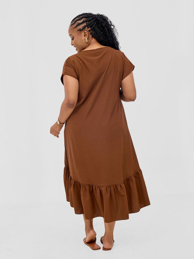 Vivo Esna Drop Shoulder High Low Dress - Brown - Shopzetu