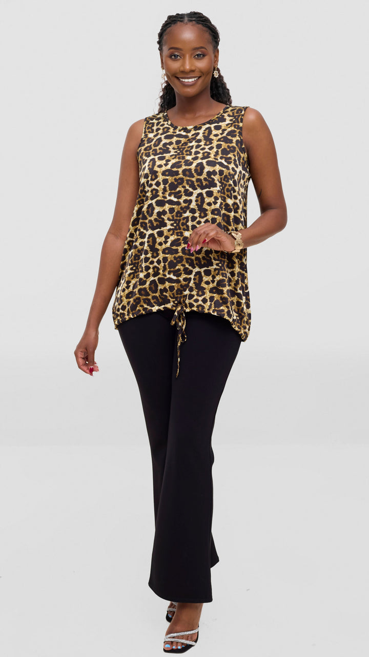 Vivo Liora Sleeveless Drawstring Top In Satin - Dark Mustard / Black Print