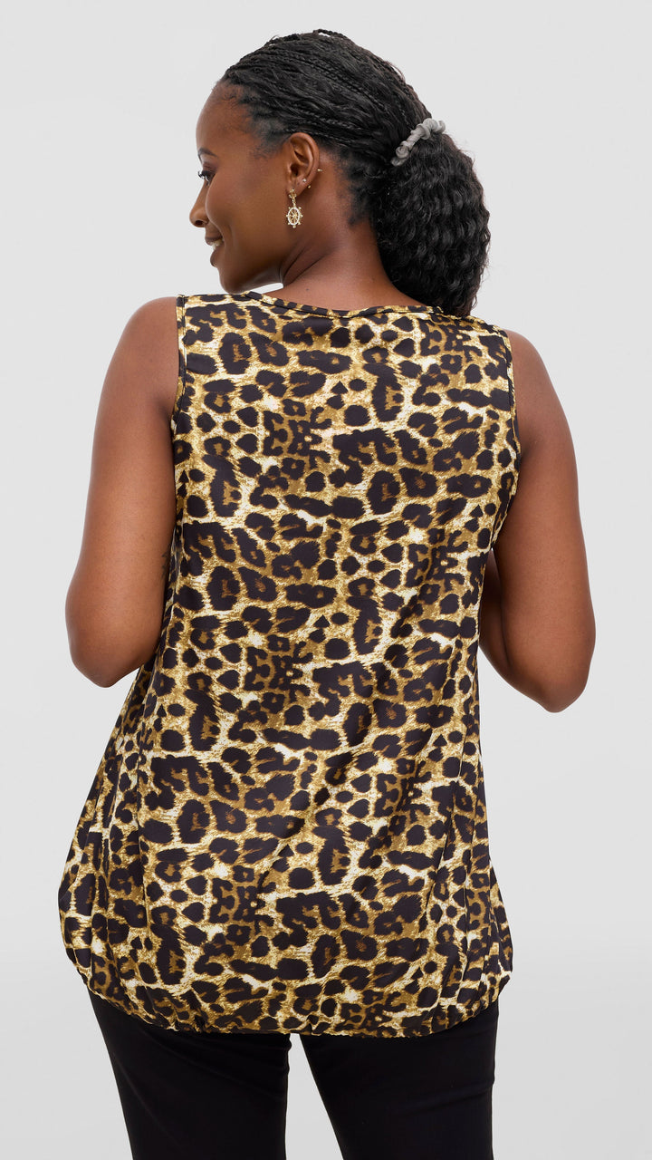Vivo Liora Sleeveless Drawstring Top In Satin - Dark Mustard / Black Print