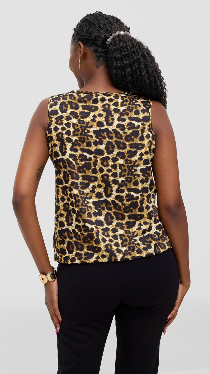 Vivo Liora Sleeveless Drawstring Top In Satin - Dark Mustard / Black Print