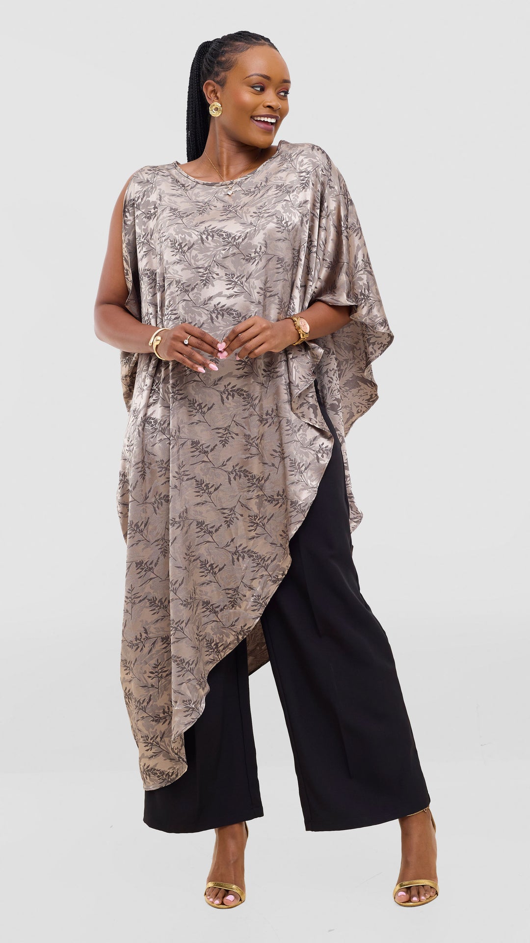Vivo Liora Asymmetrical Kaftan Top in Satin - Olive Textured Print