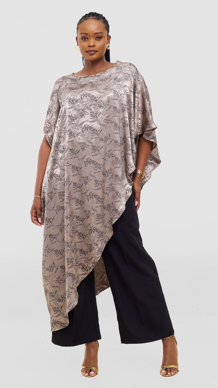 Vivo Liora Asymmetrical Kaftan Top in Satin - Olive Textured Print