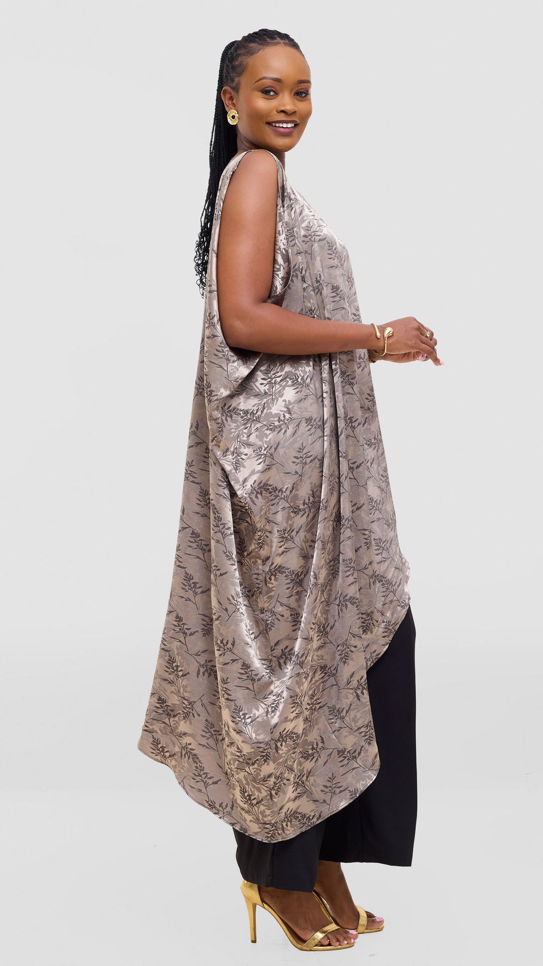 Vivo Liora Asymmetrical Kaftan Top in Satin - Olive Textured Print