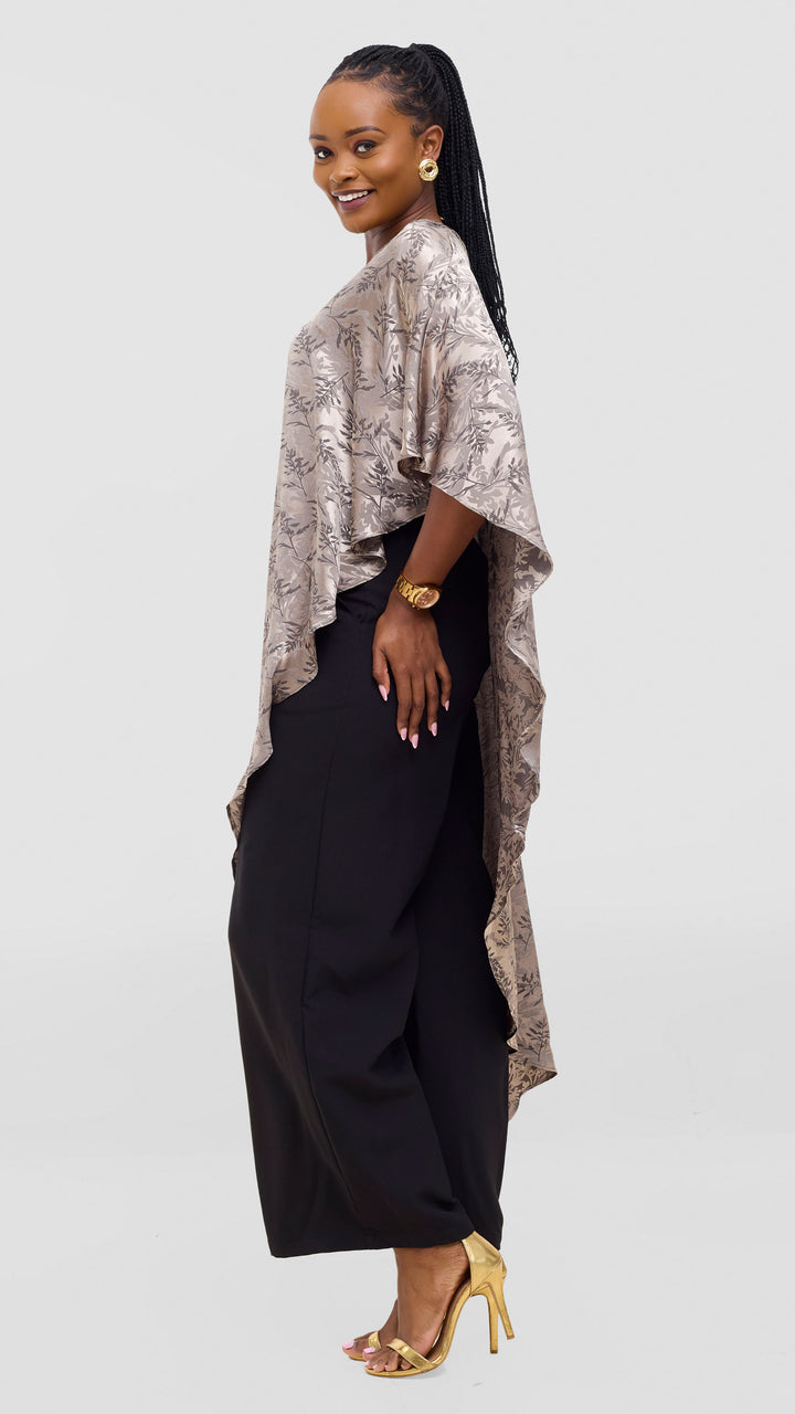 Vivo Liora Asymmetrical Kaftan Top in Satin - Olive Textured Print