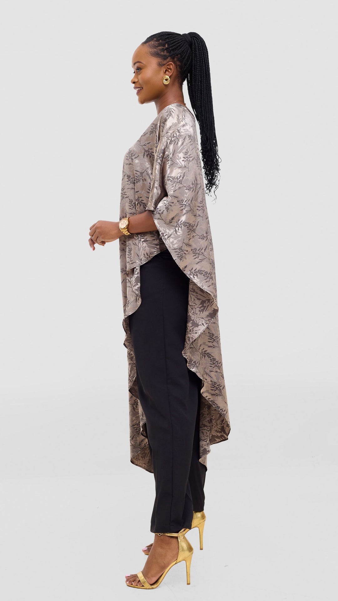 Vivo Liora Asymmetrical Kaftan Top in Satin - Olive Textured Print