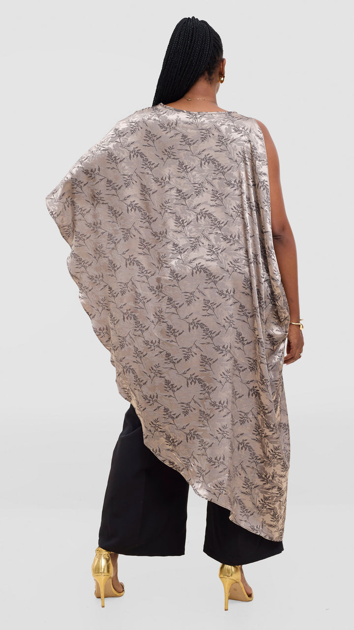 Vivo Liora Asymmetrical Kaftan Top in Satin - Olive Textured Print