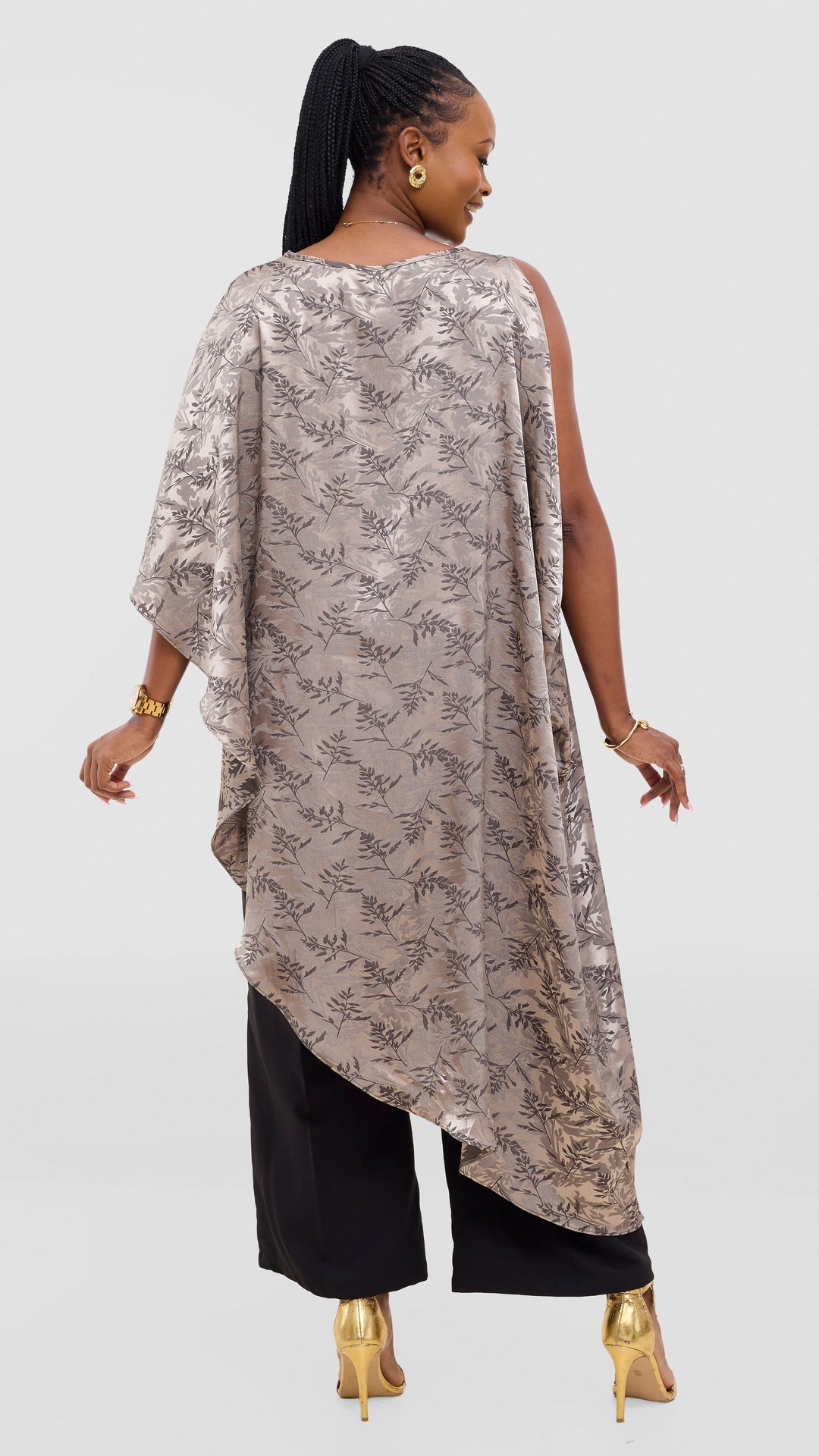 Vivo Liora Asymmetrical Kaftan Top in Satin - Olive Textured Print