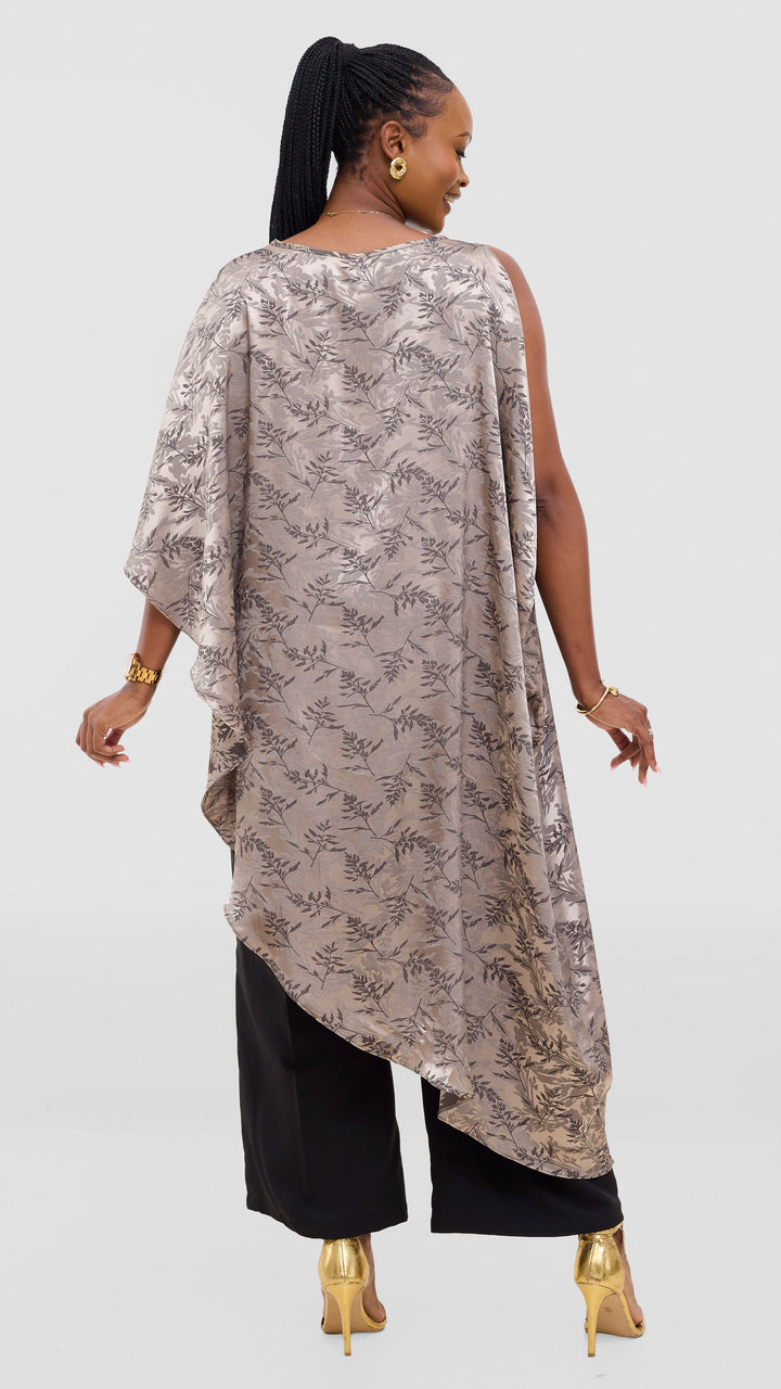 Vivo Liora Asymmetrical Kaftan Top in Satin - Olive Textured Print