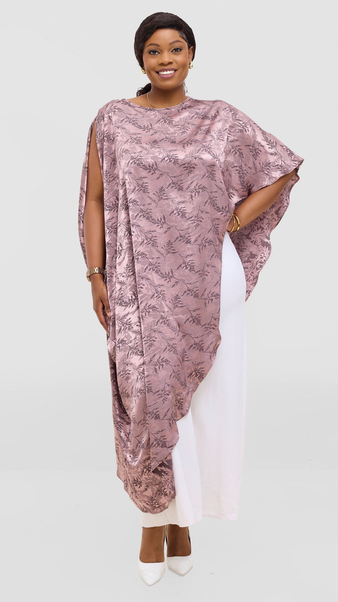 Vivo Liora Asymmetrical Kaftan Top in Satin - Brown Textured Print
