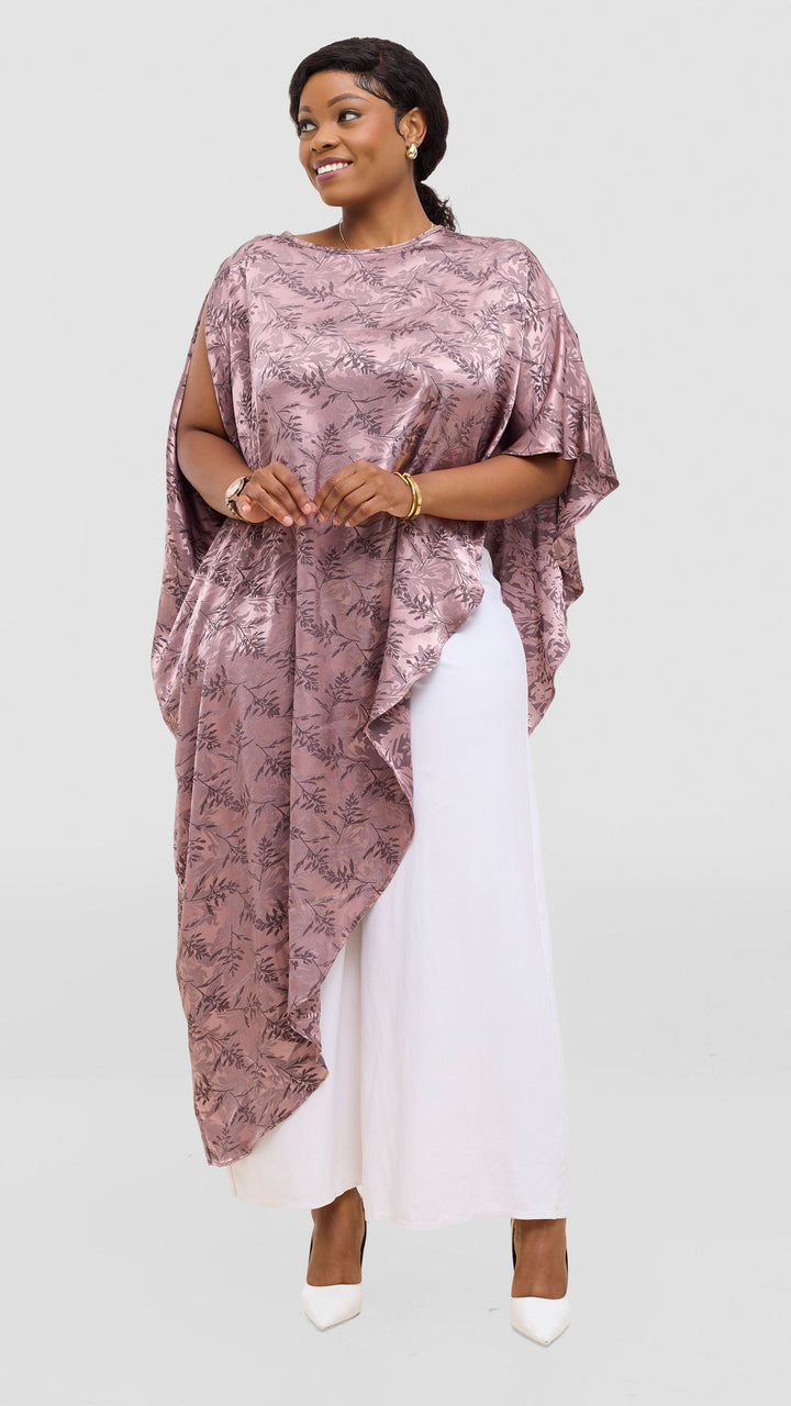 Vivo Liora Asymmetrical Kaftan Top in Satin - Brown Textured Print