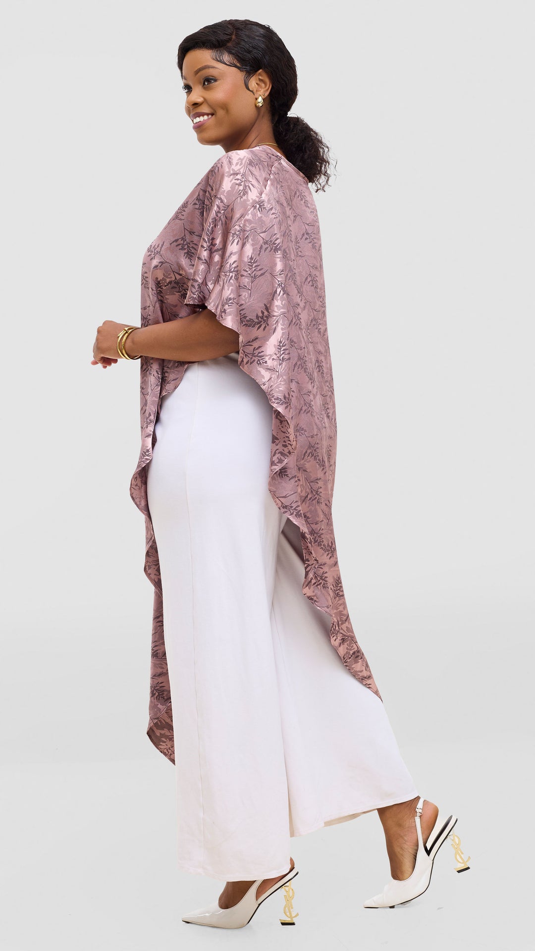 Vivo Liora Asymmetrical Kaftan Top in Satin - Brown Textured Print