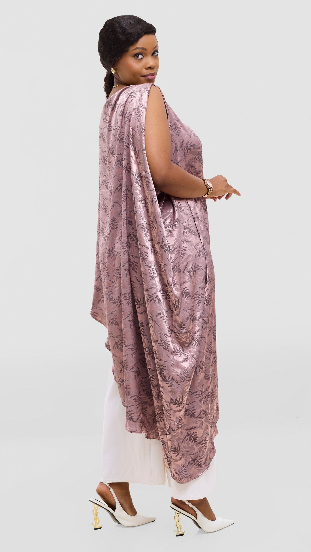 Vivo Liora Asymmetrical Kaftan Top in Satin - Brown Textured Print