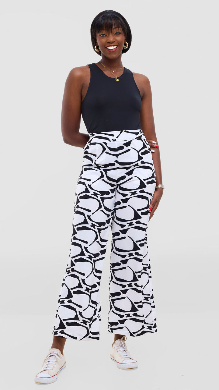 Vivo Maisha Straight Leg Pants In Crepe -  White / Black Abstract Print