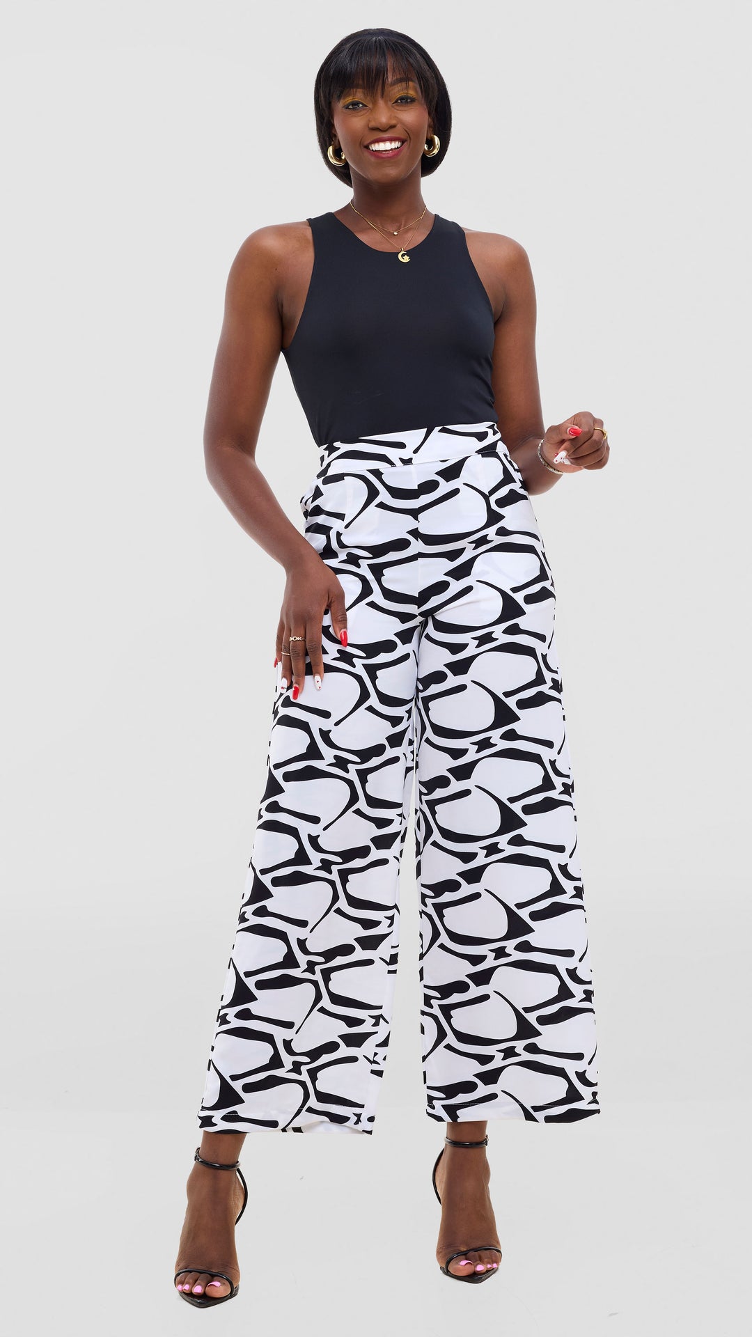 Vivo Maisha Straight Leg Pants In Crepe -  White / Black Abstract Print