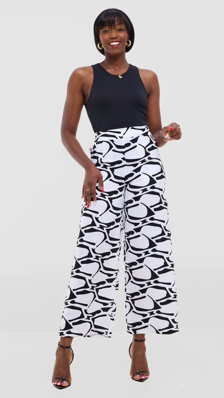 Vivo Maisha Straight Leg Pants In Crepe -  White / Black Abstract Print