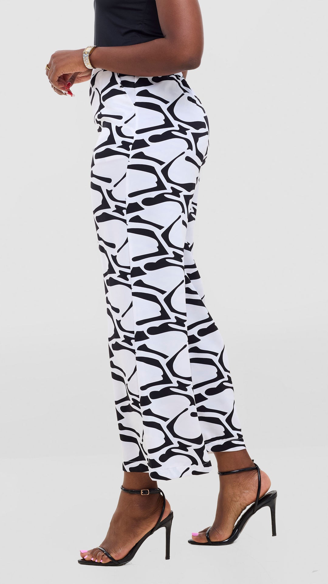 Vivo Maisha Straight Leg Pants In Crepe -  White / Black Abstract Print