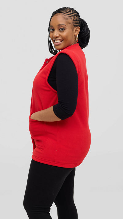 Timyt Urban Wear Curvy Plus Size Fleece With Frontal Pockets & Press Button Sweater - Red