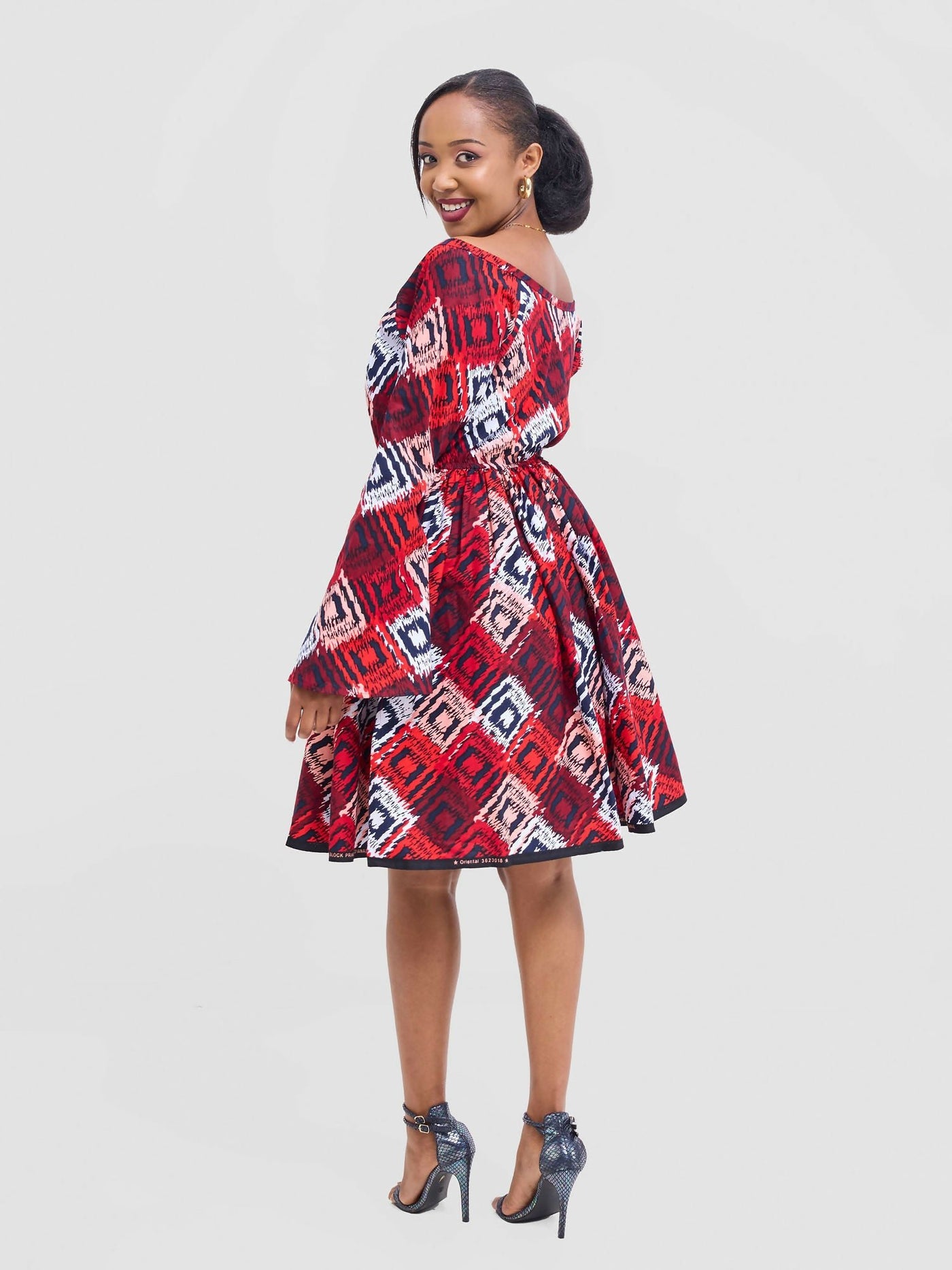 Prettygline Ankara Crimson Charm Off - Shoulder Skater Dress - Red - Shopzetu