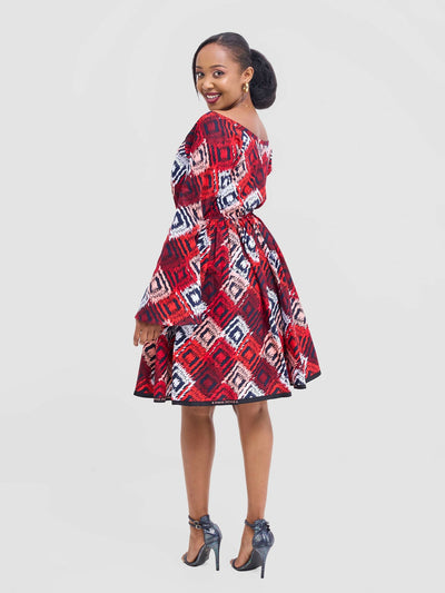 Prettygline Ankara Crimson Charm Off - Shoulder Skater Dress - Red - Shopzetu