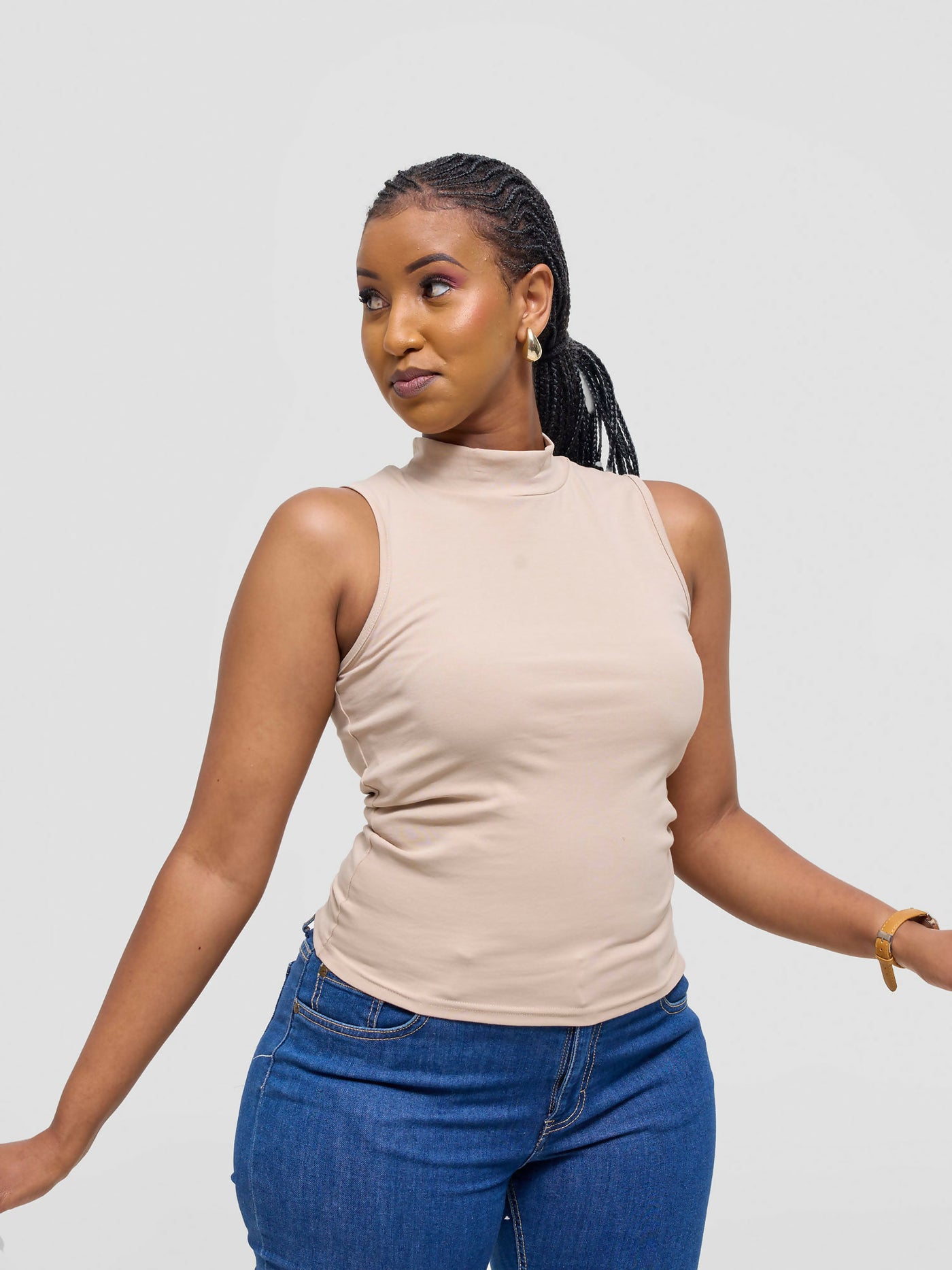 Anel's Knitwear Sleeveless Turtle Neck Top - Beige - Shopzetu