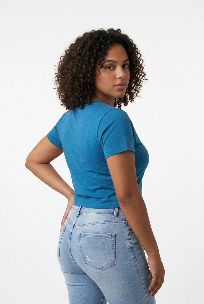 Stylish Sisters Classic Crewneck Short Sleeve Crop Top - Teal Blue