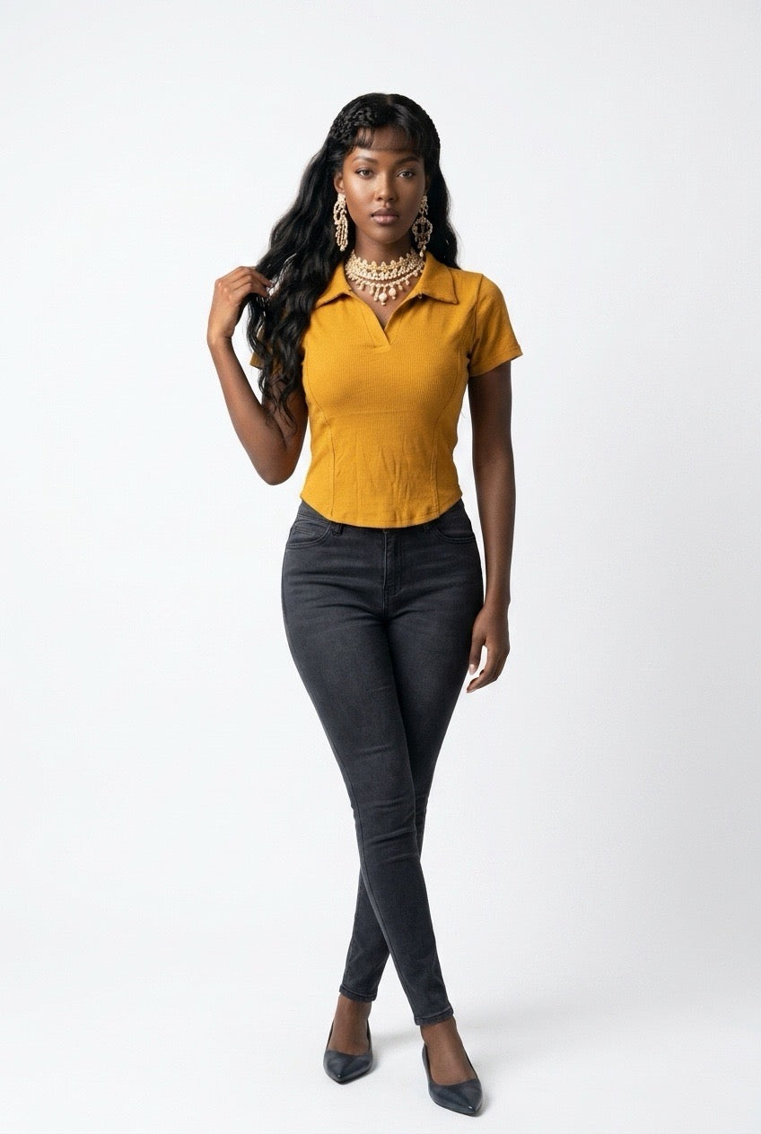 Stylish Sisters Corset-Style Curved Hem Polo Top - Mustard Yellow