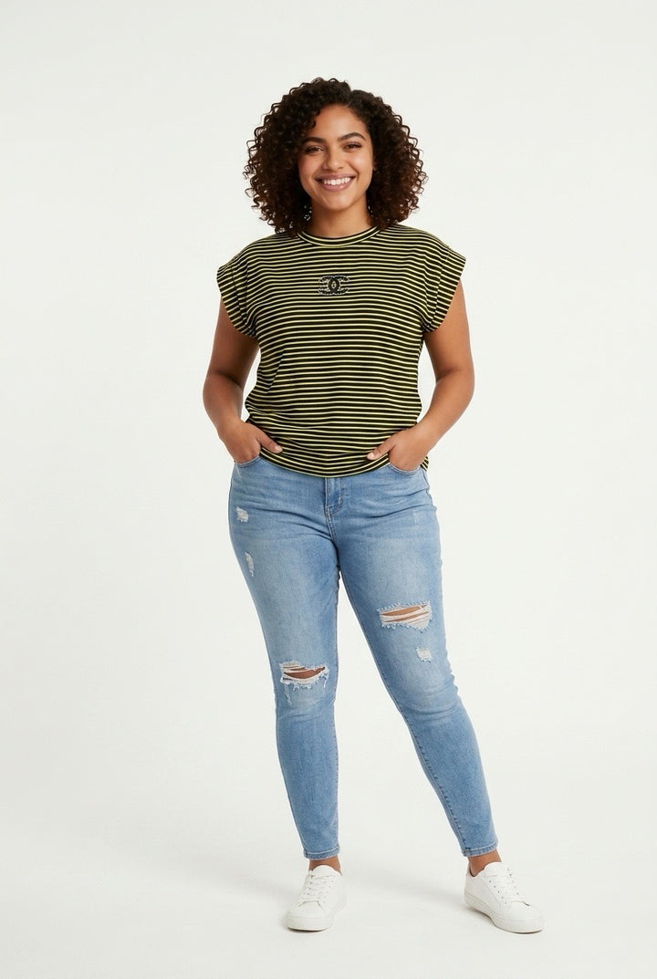 Stylish Sisters Striped Cap Sleeve Regular Fit Top - Yellow / Black