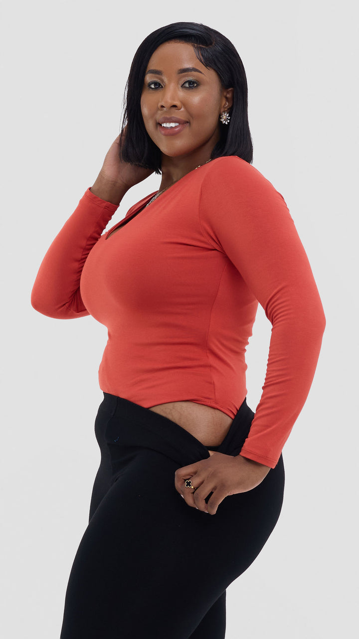 Vivo Basic Double Layered Long Sleeved Bodysuit - Rust
