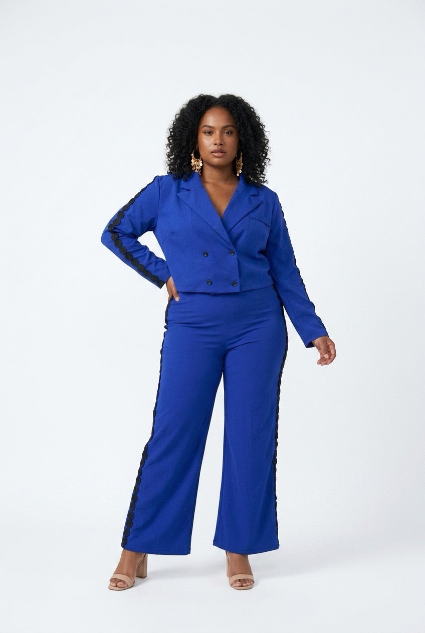 Stylish Sisters Double-Breasted Cropped Blazer and Trouser Set - Blue
