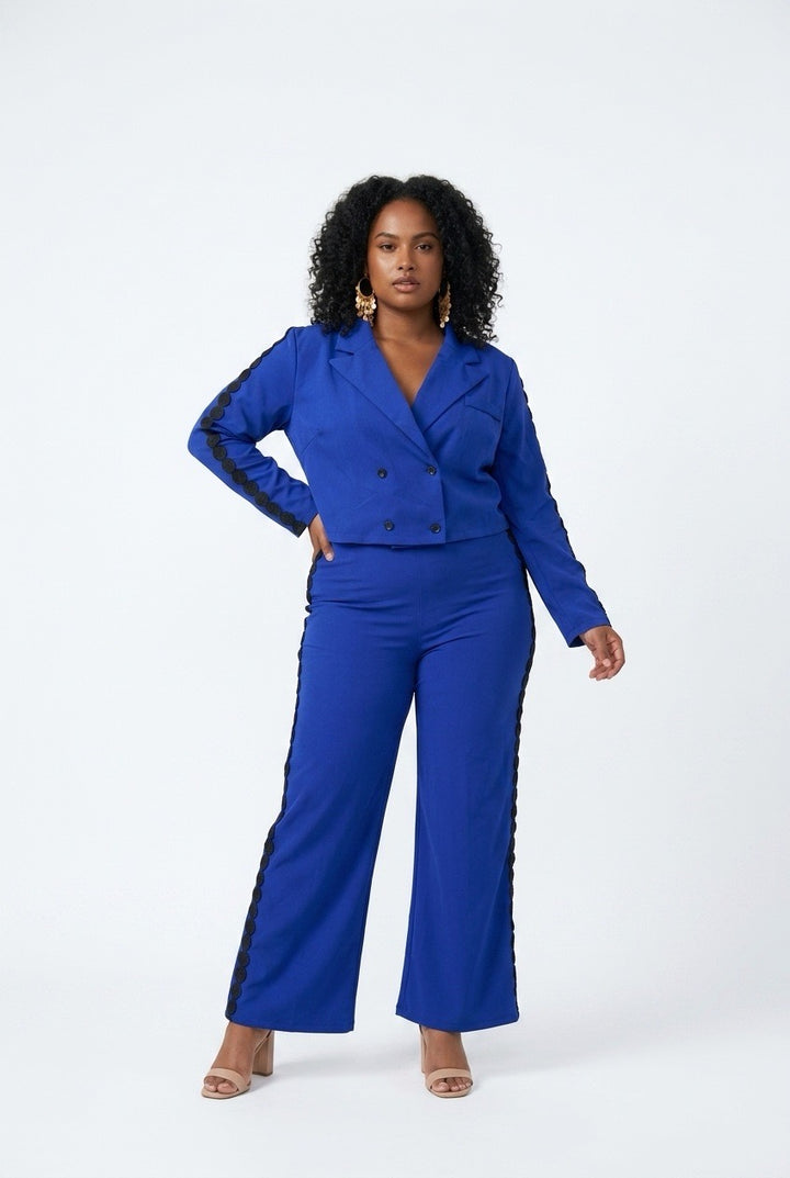 Stylish Sisters Double-Breasted Cropped Blazer and Trouser Set - Blue