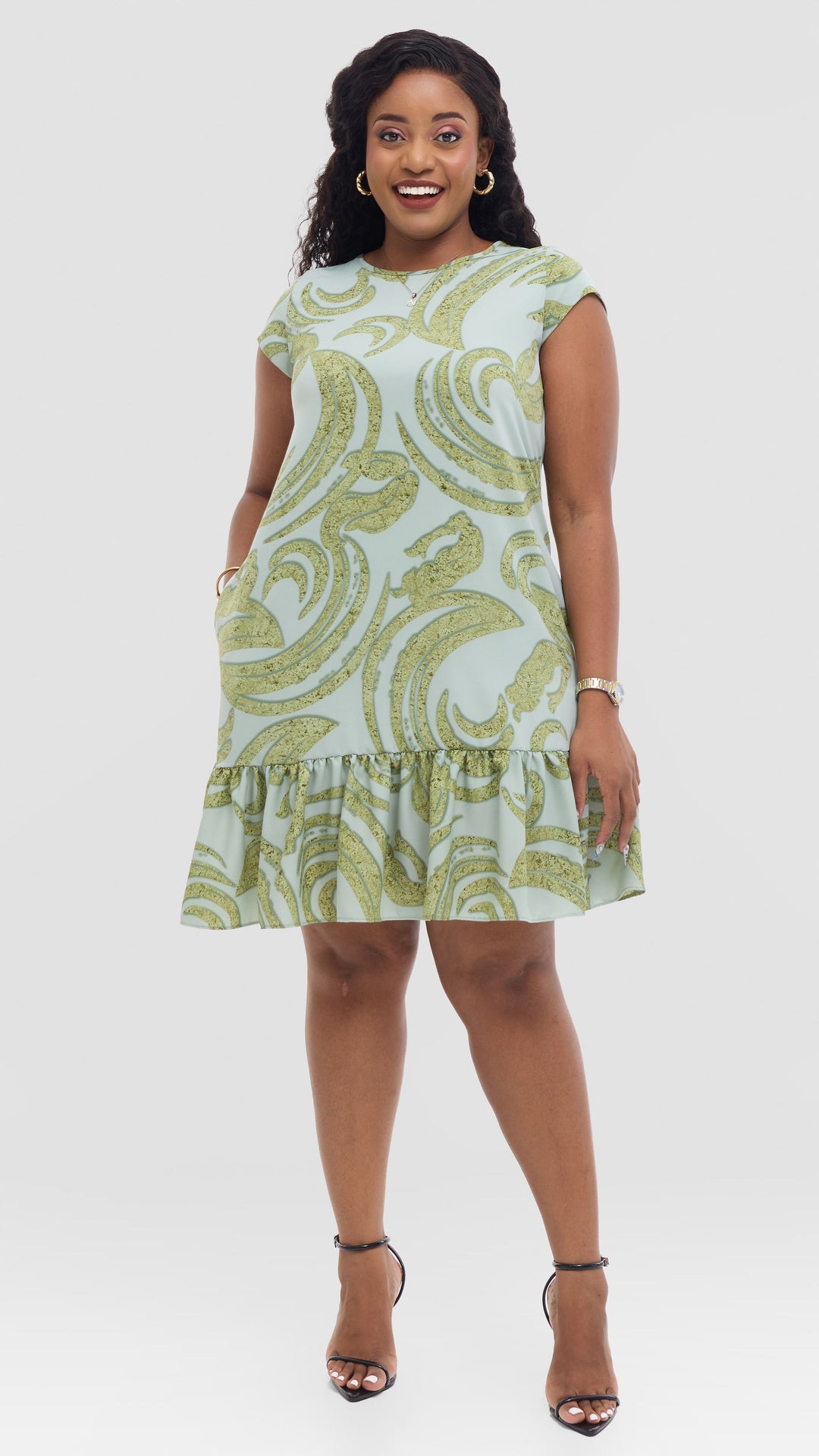 Vivo Dalia Cap Sleeve Gathered Dress in Crepe - Mint / Olive Textured print