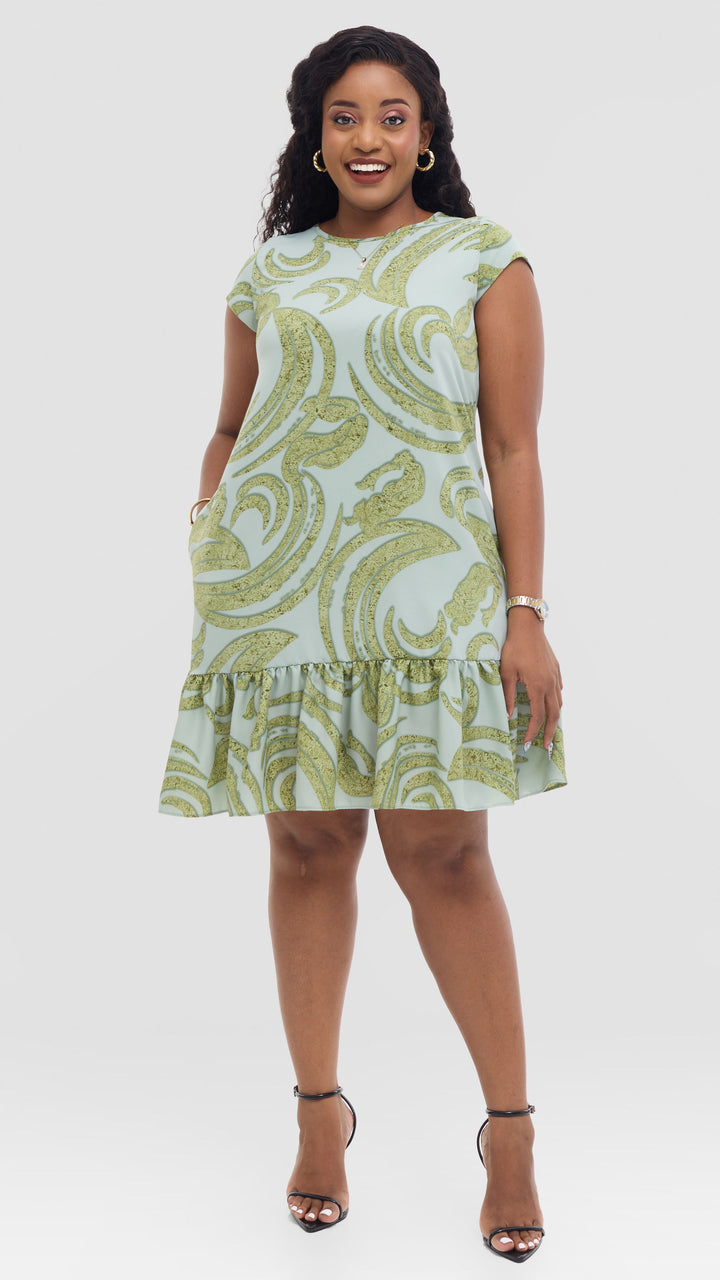 Vivo Dalia Cap Sleeve Gathered Dress in Crepe - Mint / Olive Textured print