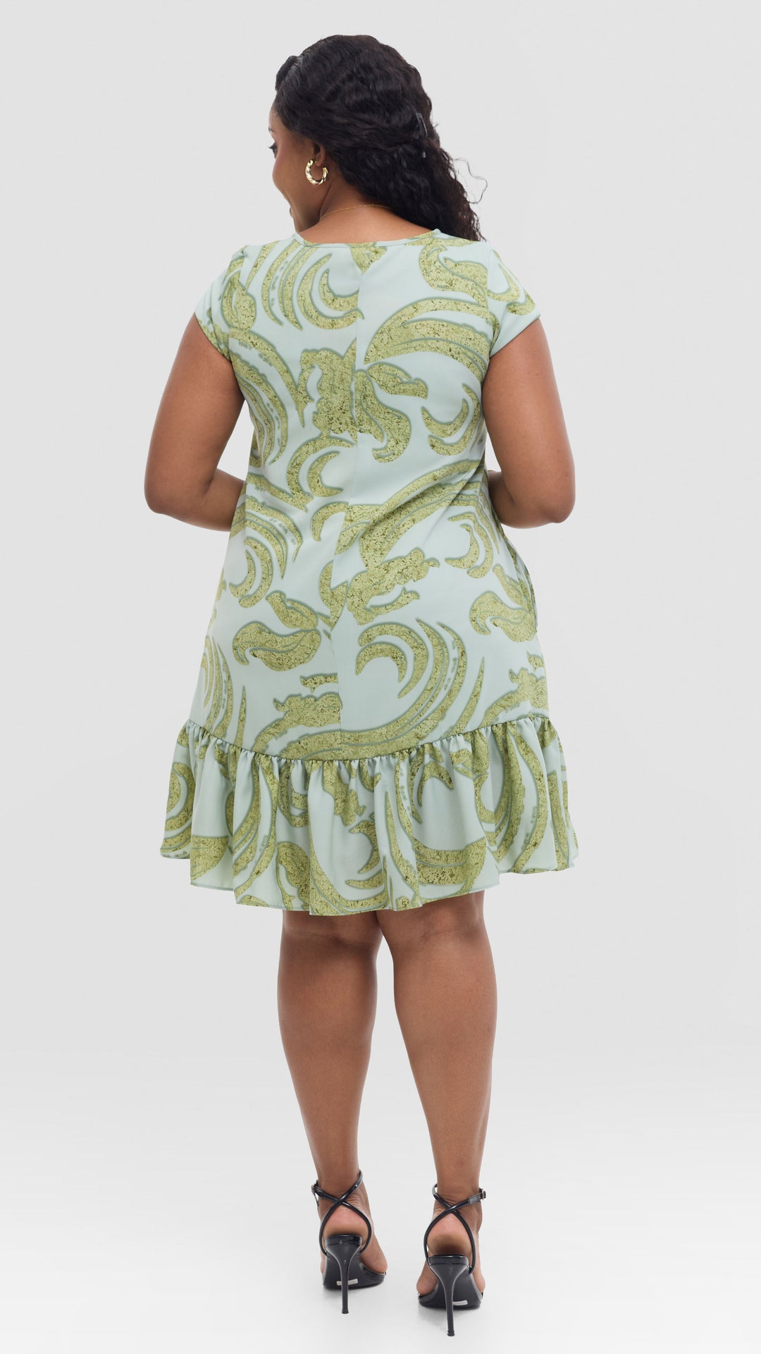 Vivo Dalia Cap Sleeve Gathered Dress in Crepe - Mint / Olive Textured print