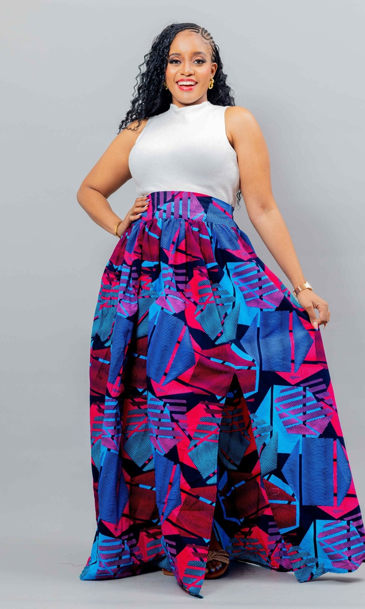 African Yuva Lily African Print Skirt - Blue / Pink Print - Shopzetu