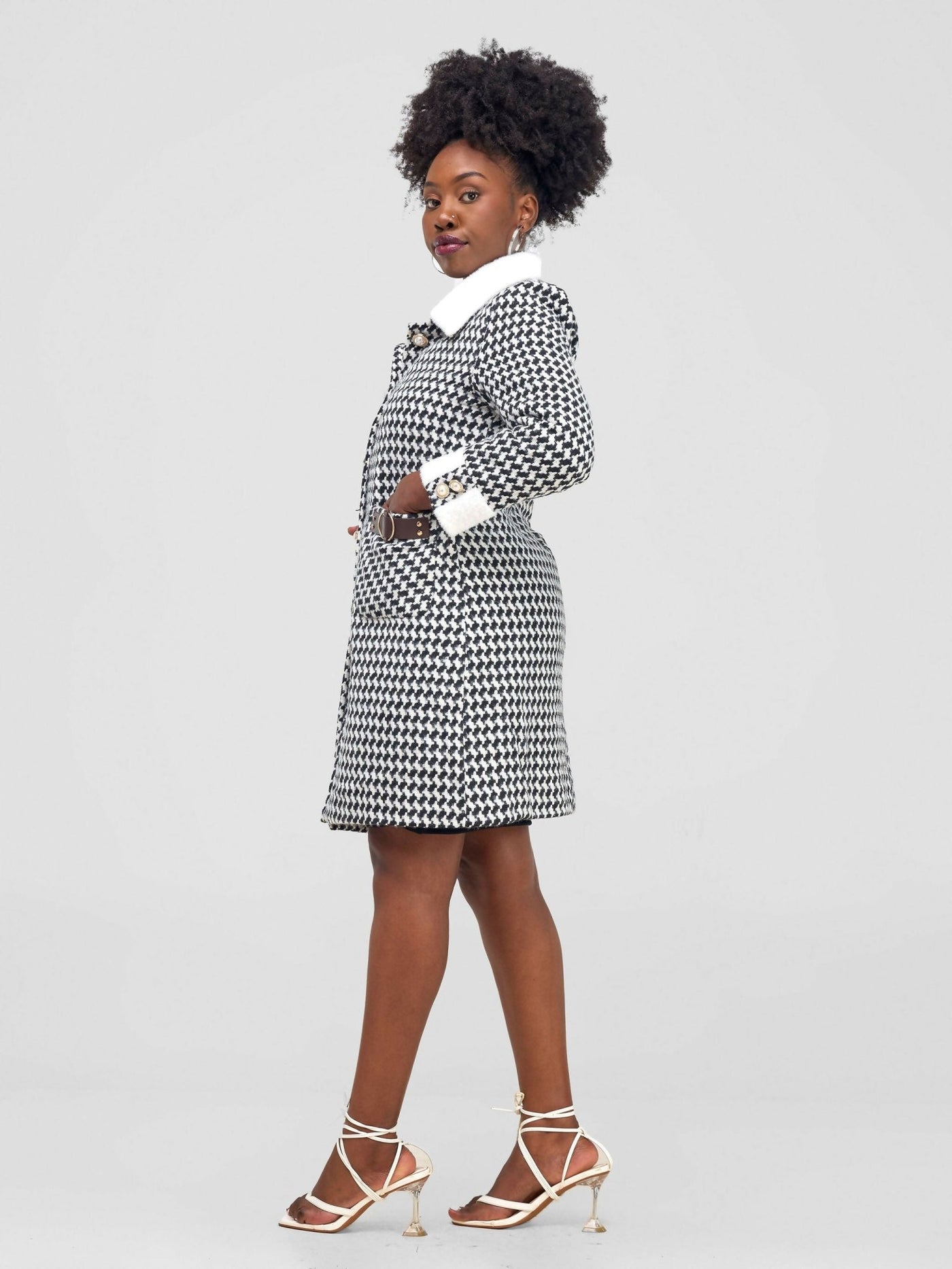 Stylish Sisters Houndstooth Trenchcoat Jacket - Black / White - Shopzetu